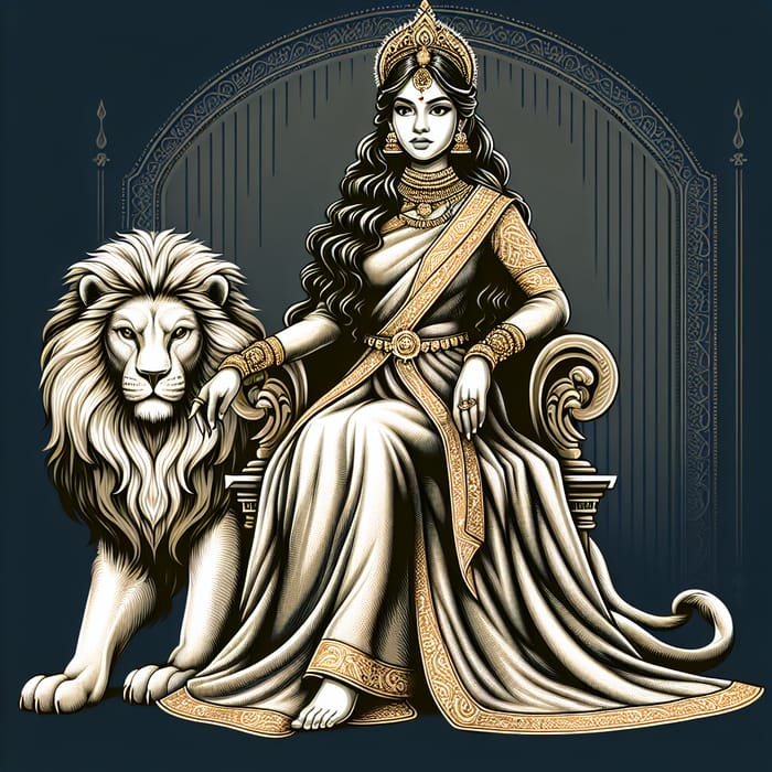 Graceful South Asian Woman and Majestic Lion on Throne
