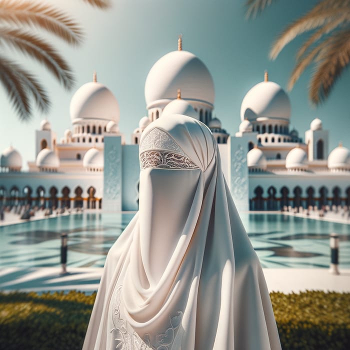 Muslim Girl in White Niqab at Mosque with Palm Trees