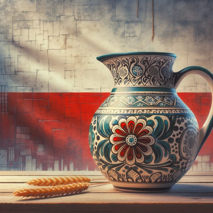 Handcrafted Polish Pottery Pitcher on Wooden Table with Polish Flag Wall Decor