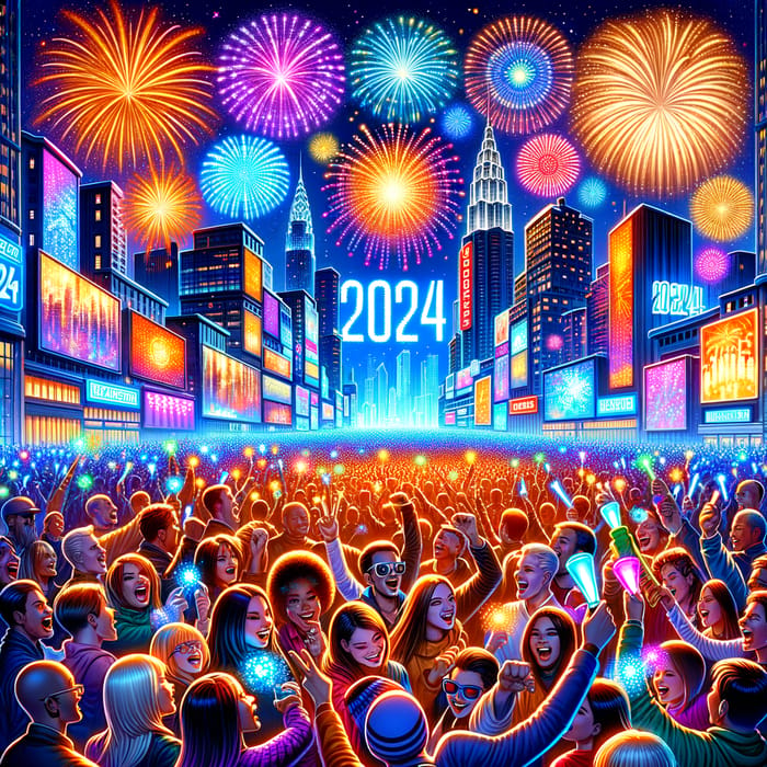 New Year 2024 Celebration with Diverse Crowd and Fireworks