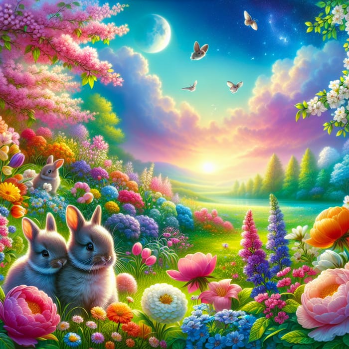 Enchanting Spring Landscape with Bunnies and Flowers