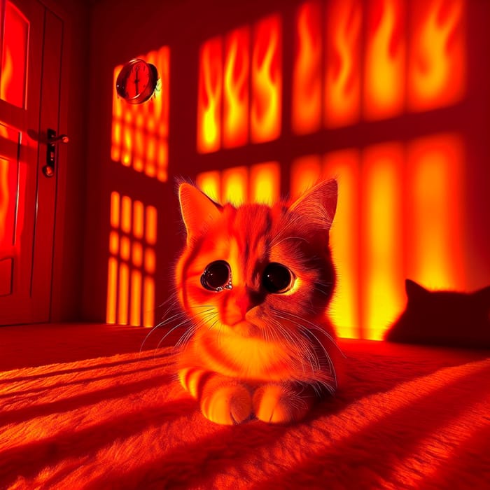 Sorrowful Ginger Cat Surrounded by Illuminated Flames