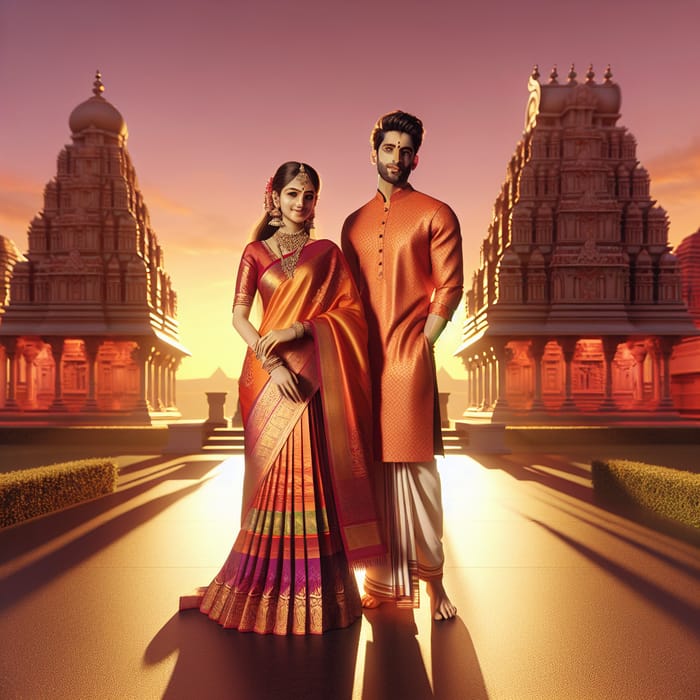 24-Year-Old Indian Couple in Traditional Attire | Temple Sunset 3D Illustration