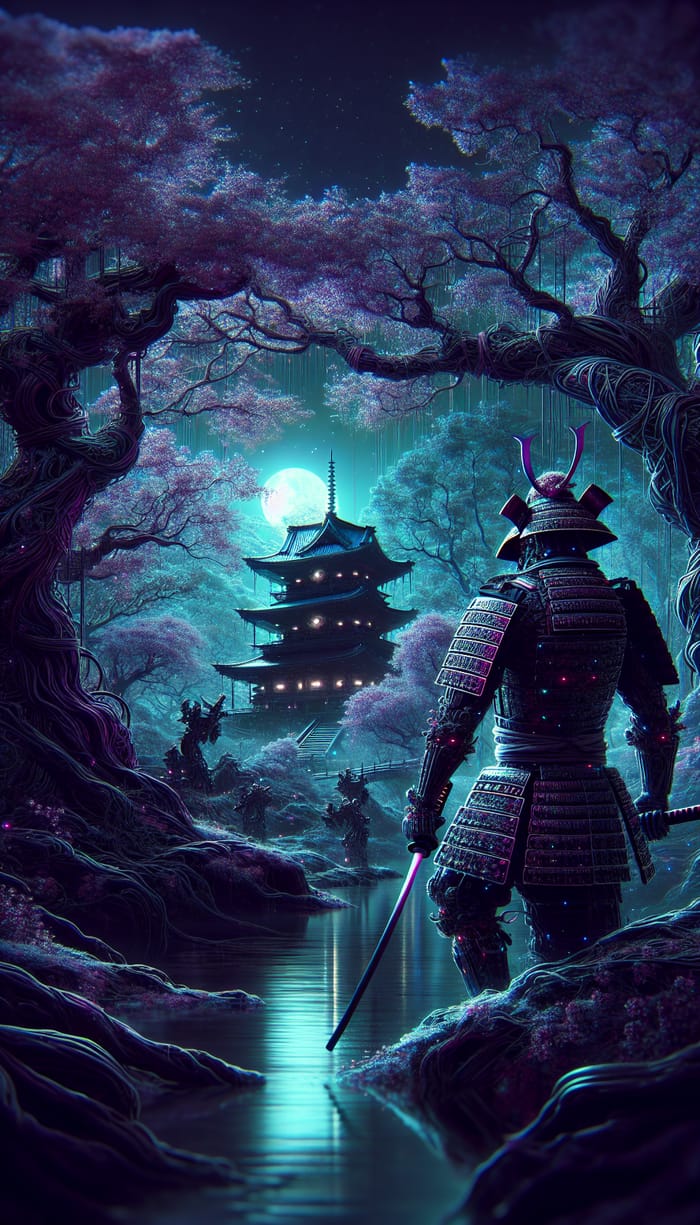 Epic Samurai in Mystical Black Sakura Forest