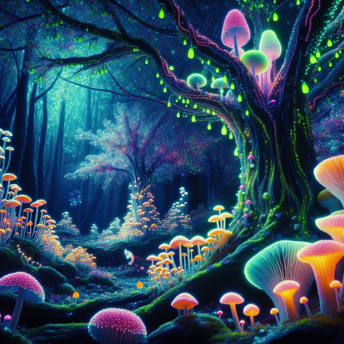 Enchanting Mystical Forest with Glowing Mushrooms in Neon Palette