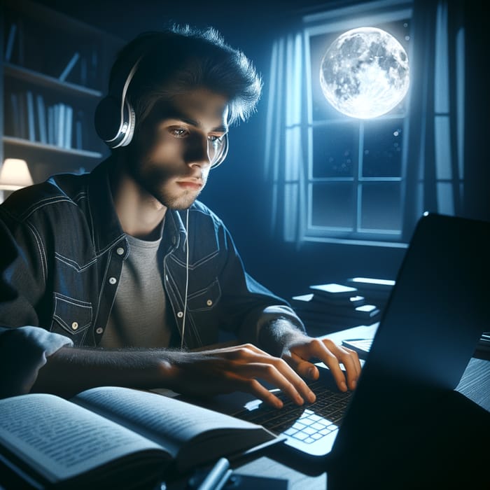 Melancholic Night Study Scene - Young Male Studying by Moonlight