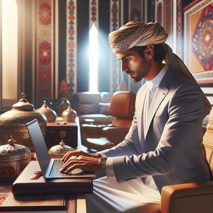 Omani Man Working in Office with Laptop | Cultural Workspace
