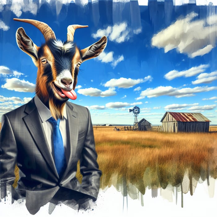 Funny Goat in Business Suit | Rustic Landscape Background
