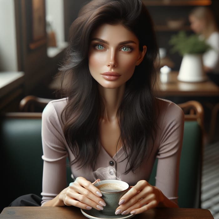 Tranquil Cafe Moment: Serene Woman Savoring Coffee