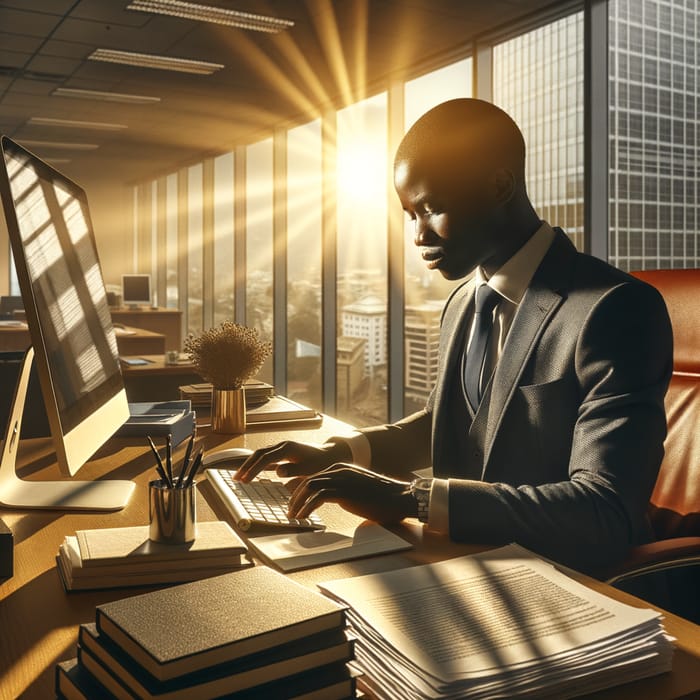 Kenyan Man Working in Office as Sun Shines Through Window
