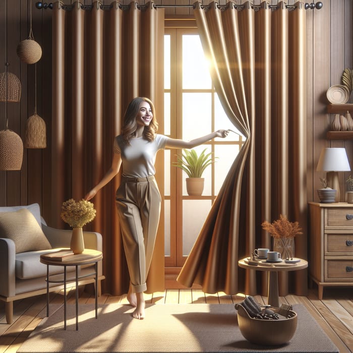 Inviting Scene of Woman Opening Rich Coffee-Colored Blackout Curtains