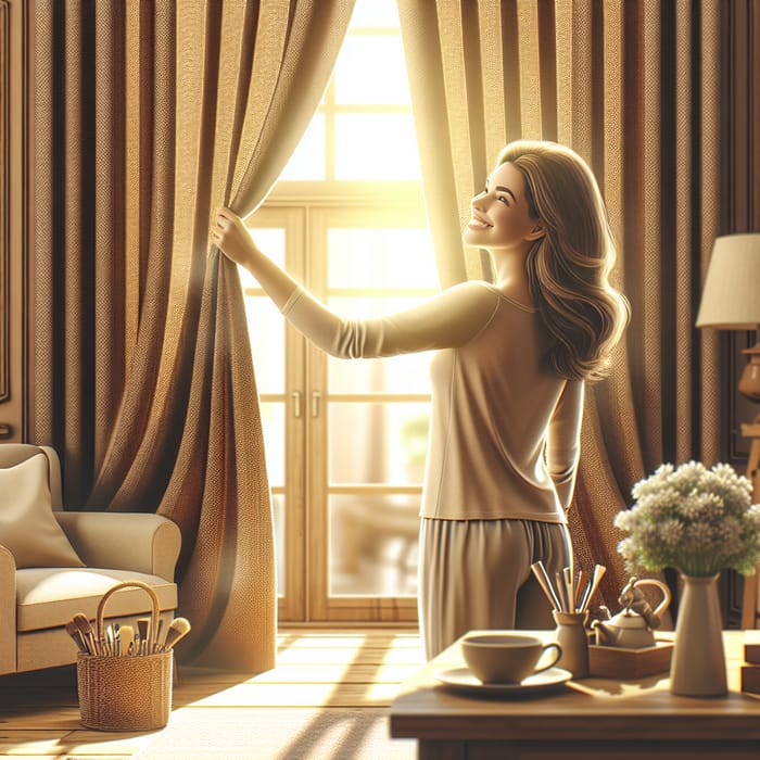 Cheery Woman Opening Coffee-Colored Curtains in Cozy Room