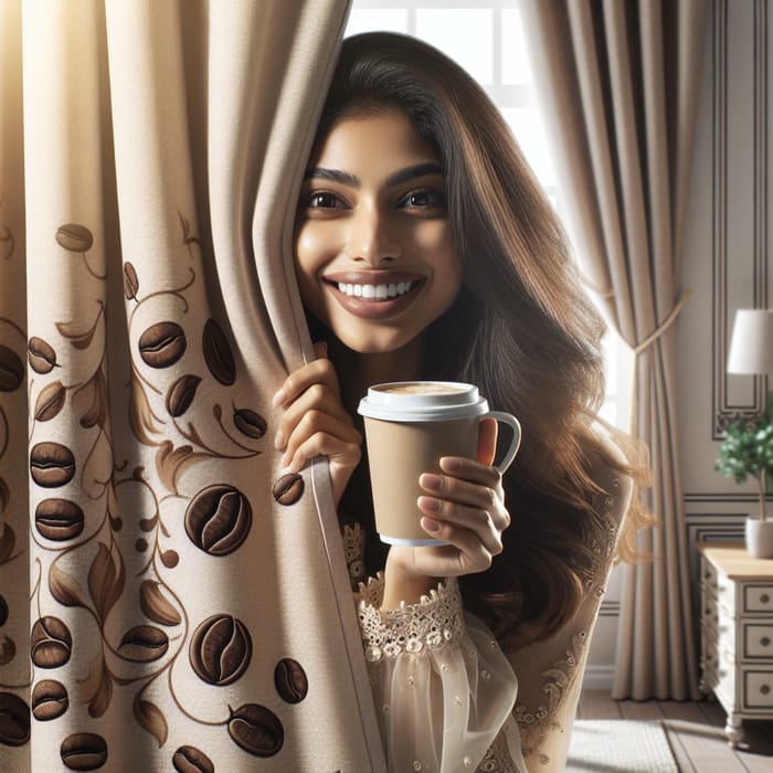 Captivating Scene of Joyful Woman Unveiling Coffee-Colored Blackout Curtains