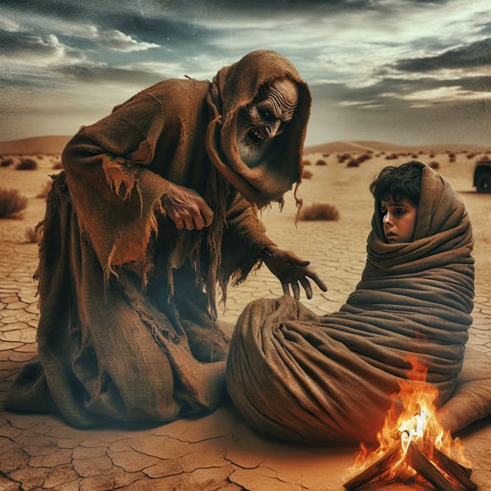 Desert Torment: Man and Boy Flee in Barren Landscape