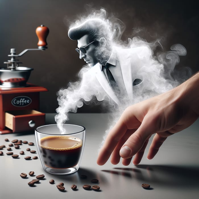 Hand Holding Steaming Coffee with Elvis Silhouette | Kitchen Counter