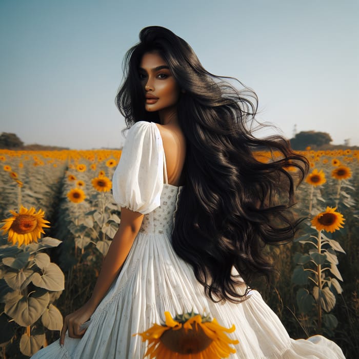 Enchanting South Asian Woman in White Dress with Sunflowers