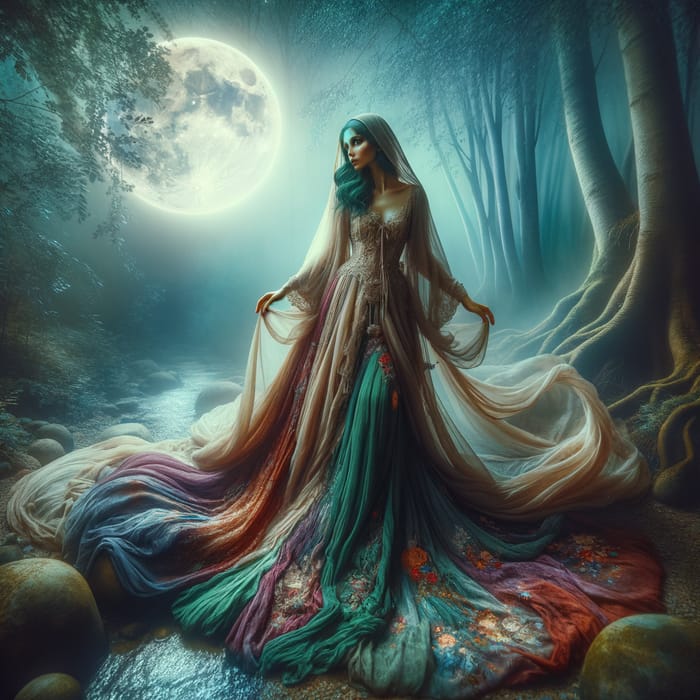 Enchanting Moonlit Forest Portrait of a Mysterious Woman - Ethereal Fantasy