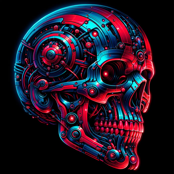 Neon Cyber Skull Art: Futuristic Red-Blue-Black Rendering