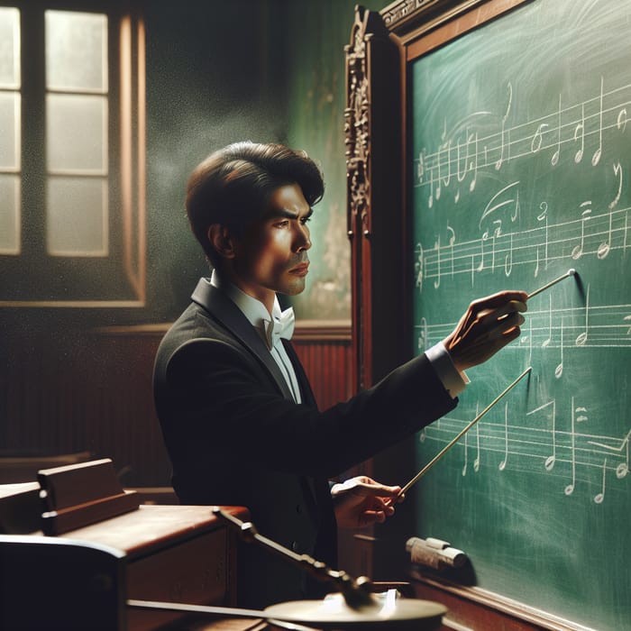 Asian Maestro Composing Music at Chalkboard