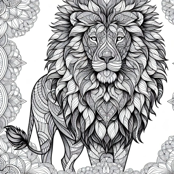 Intricate Geometric Lion Fractal - Coloring Masterpiece
