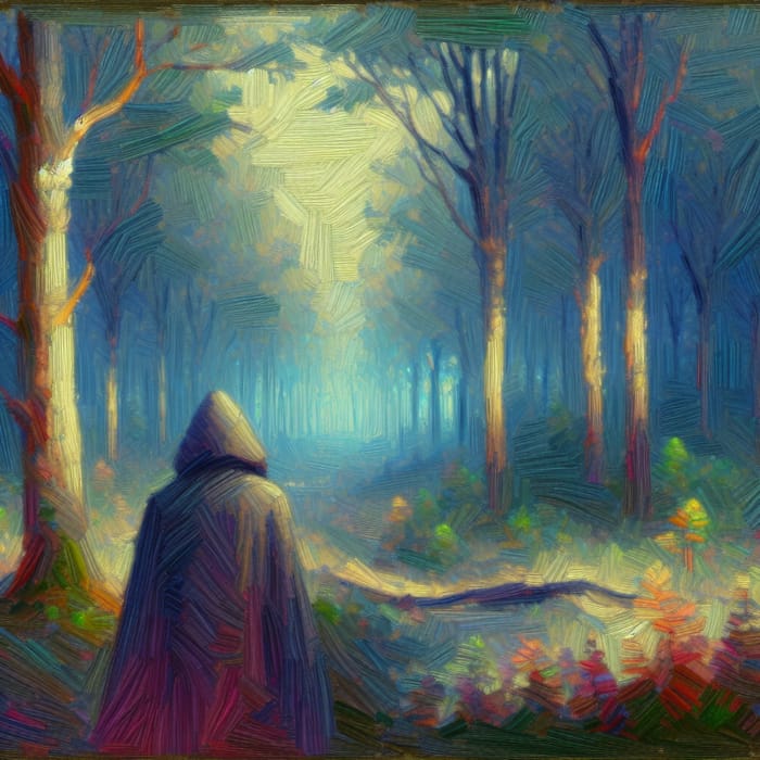 Intriguing Fantasy Figure in Vibrant Forest | Impressionistic Art