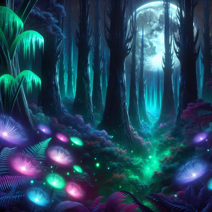 Enchanting Moonlit Forest: Bioluminescent Alien Landscape