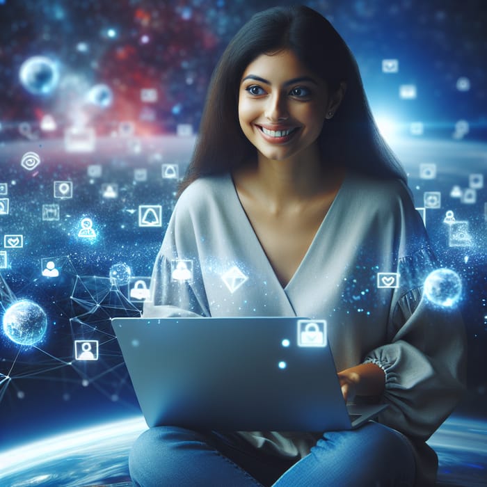 Futuristic Social Media Scene with Happy Woman on Laptop