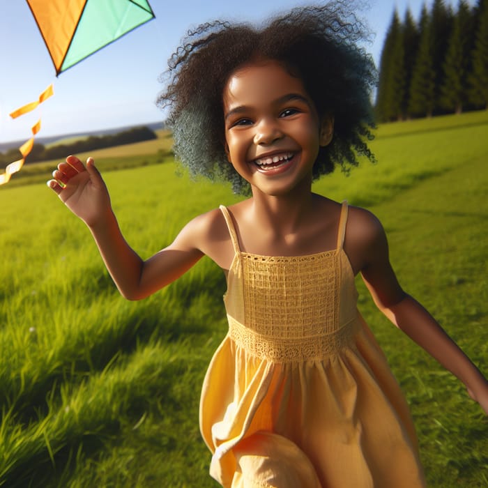 Happy Young Girl with Blue Curly Hair Flying Orange Kite