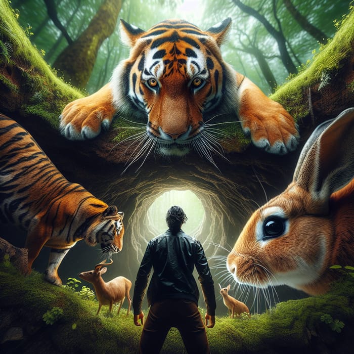 Intense Wildlife Encounter: Tiger, Man, Cow, Rabbit