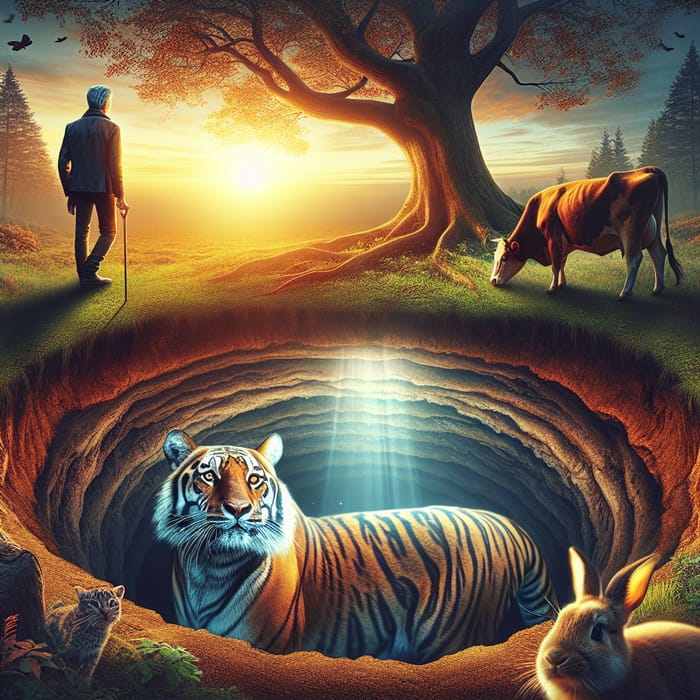 Man and Wildlife Encounter - Tiger, Cow, Rabbit, Tree