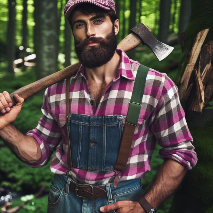 Middle-Eastern Lumberjack in Magenta & White Plaid Flannel Shirt - In Forest