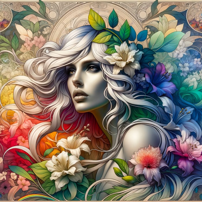White-Haired Witch Woman Surrounded by Flowers and Leaves in Artistic Mix