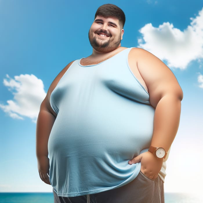 Cheerful Overweight Man in Light Blue Tank Top at Beach