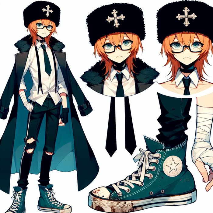 Anime Boy with Long Orange Hair, Ushanka Hat, and Turquoise Converse Sneakers