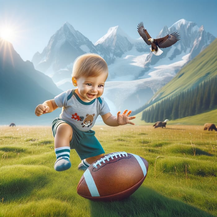 Adorable Baby Boy Playing Football on Mountain Field