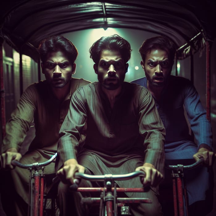 Eerie Night Scene: South Asian Men on Cycle Rickshaw