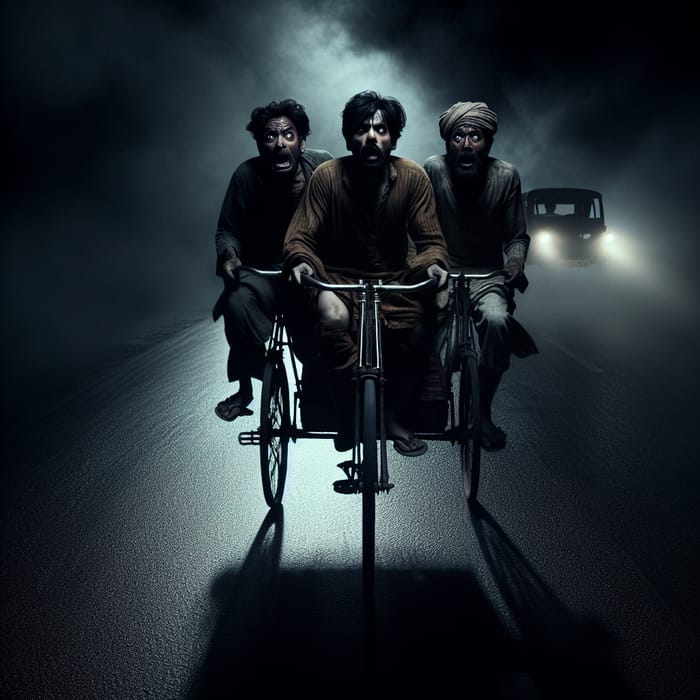 Eerie Night Ride: South Asian Men on Cycle Rickshaw in Horror Setting
