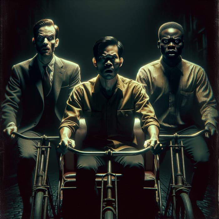 Eerie Night Ride: Fearful Men on Vintage Cycle Rickshaw