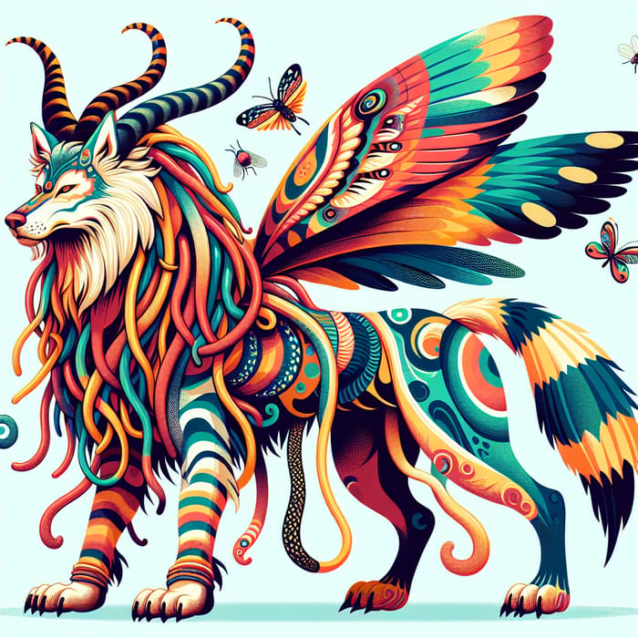 Fantasy Animal with Wolf Head, Butterfly and Raven Wings, Zebra Patterns