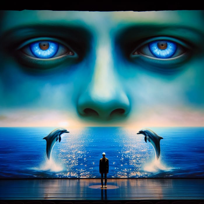 Solitary Figure on Stage with Glowing Blue Eyes and Dolphins in the Distance