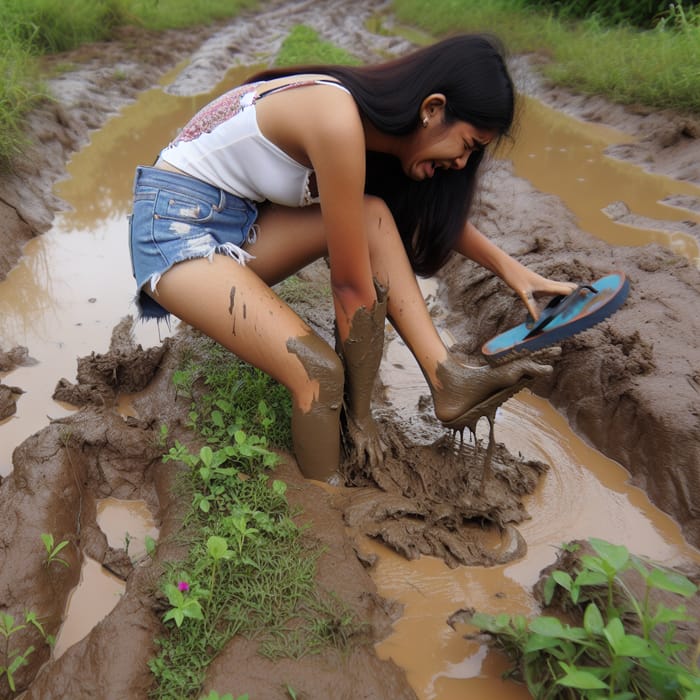 South Asian Girl Stuck in Mud | Shocked Flip-Flops Scene