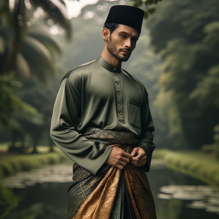 Medium-Skinned Malay Man in Baju Melayu and Sampin Ensemble