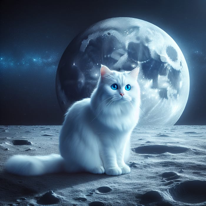 White Cat on the Moon | Tranquil Elegance & Cosmic Wonder