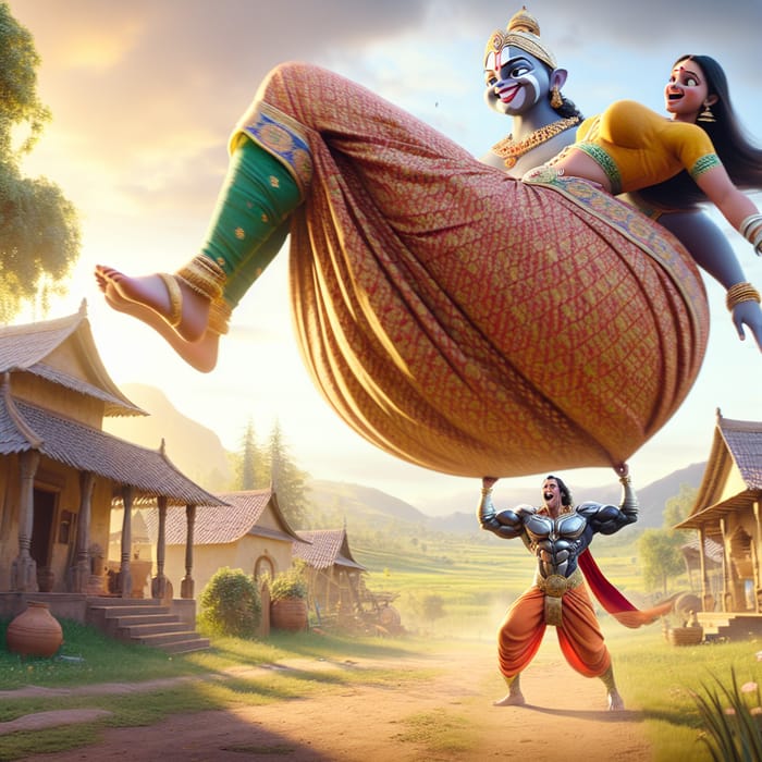 Ganesha Superhero Village Scene with Joyful Woman