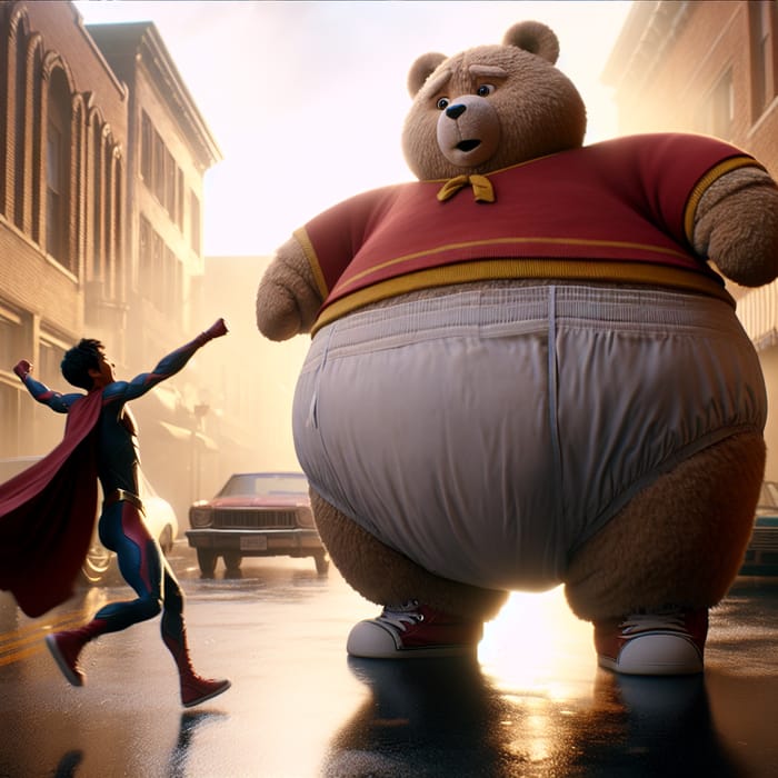 Heartwarming Scene: Teddy Bear Superhero with Joyful Woman in Puffed Attire