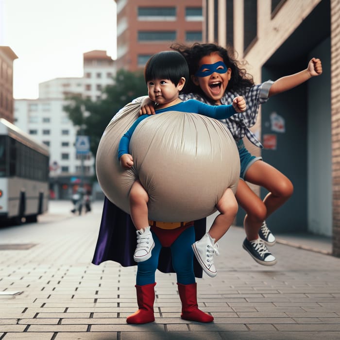 Young Asian Superhero Stands Tall with Inflated 'Diaper' & Joyful Hispanic Teen Girl