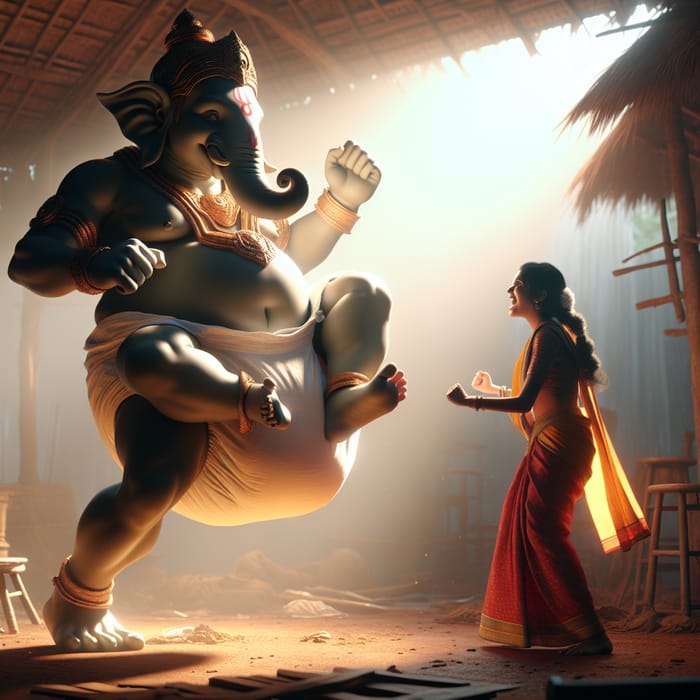 Ganesha Superhero in Indian Village: Playful Joy Scene