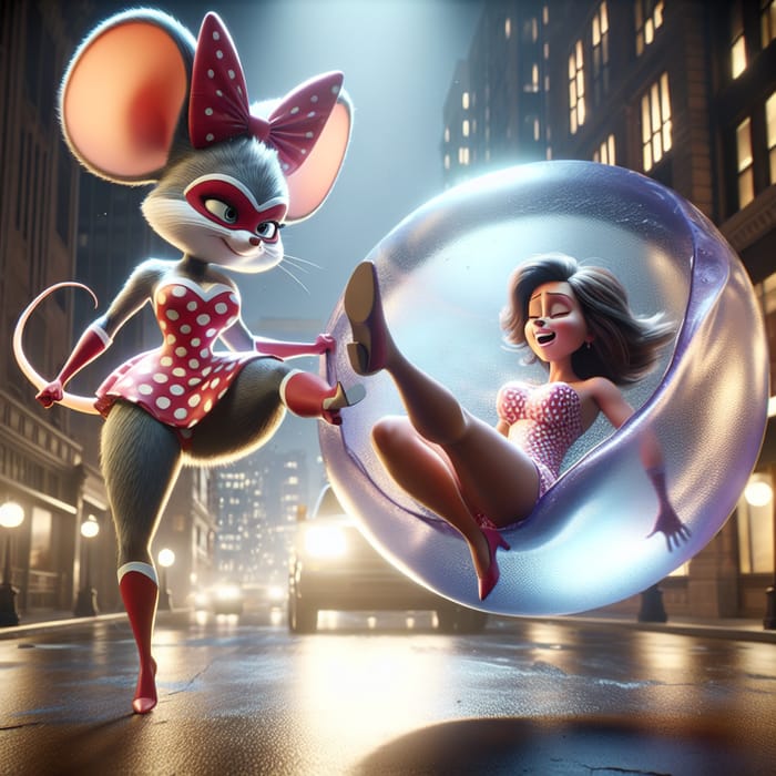 Animated Superhero Minnie Mouse Saves Woman in Oversized Inflated Diaper Scene