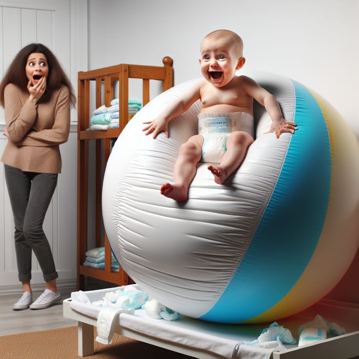 Hilarious Toddler with Giant Beach Ball Diaper on Changing Table