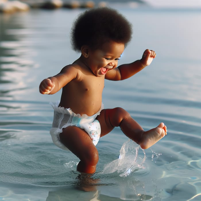 Joyful Black Toddler Girl Floating in Oversized Water-Resistant Diaper
